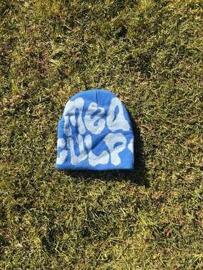 Mea Culpa Blue and White Graphic Knit Beanie